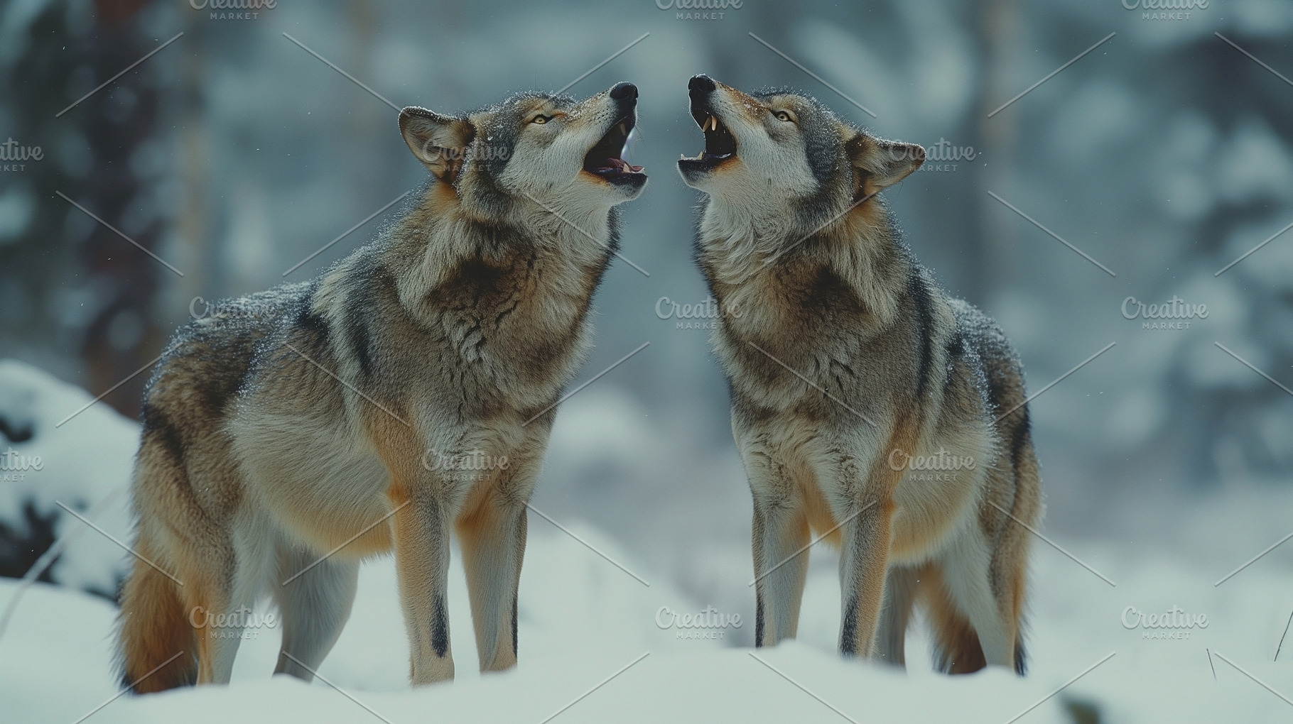 Two majestic grey wolves call out in a snowy forest, showcasing their wild beau, an Animal Photo by ImageMir