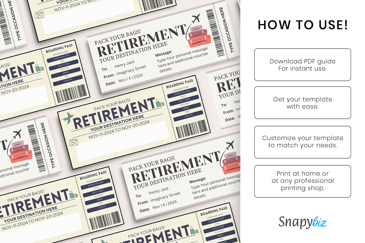 Retirement Boarding Pass Template, a Card Template by Snapybiz (Photo 8 of 10)