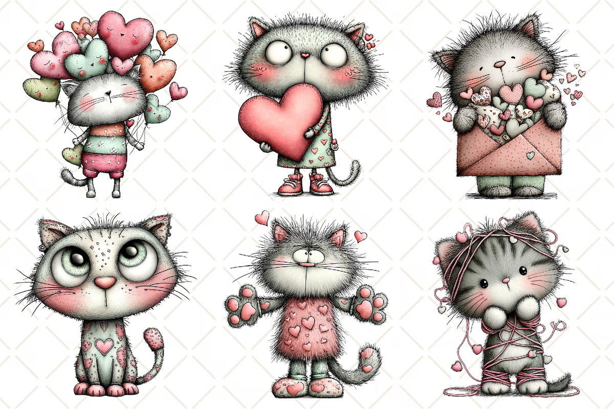 Quirky Valentine Cat Clipart Bundle, an Illustration by Black Bird Studio (Photo 4 of 6)