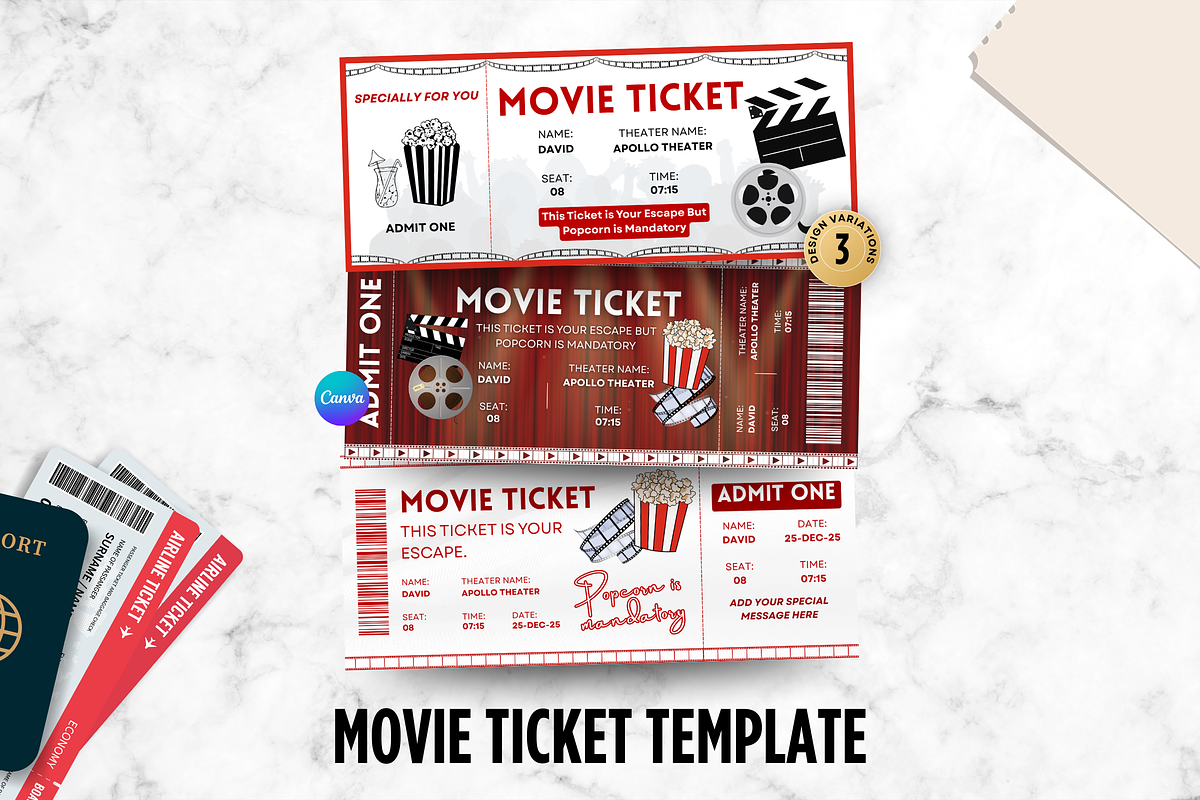 Editable Movie Ticket Canva Template, an Invitation Template by Snapybiz (Photo 1 of 8)