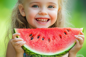 Girl happily enjoying a juicy slice of watermelon in a sunny gre, a Food & Drink Photo by AlyaAnd