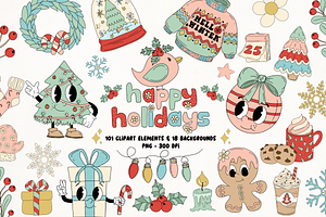 Groovy Retro Christmas Clipart Set