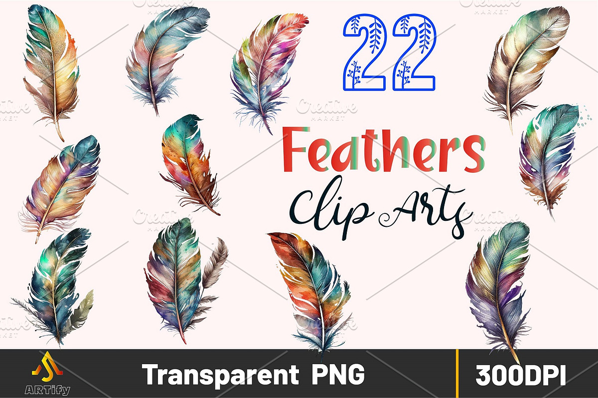 Watercolor Bright Feathers Clipart, an Object Illustration by ARTify Illustrations (Photo 1 of 8)