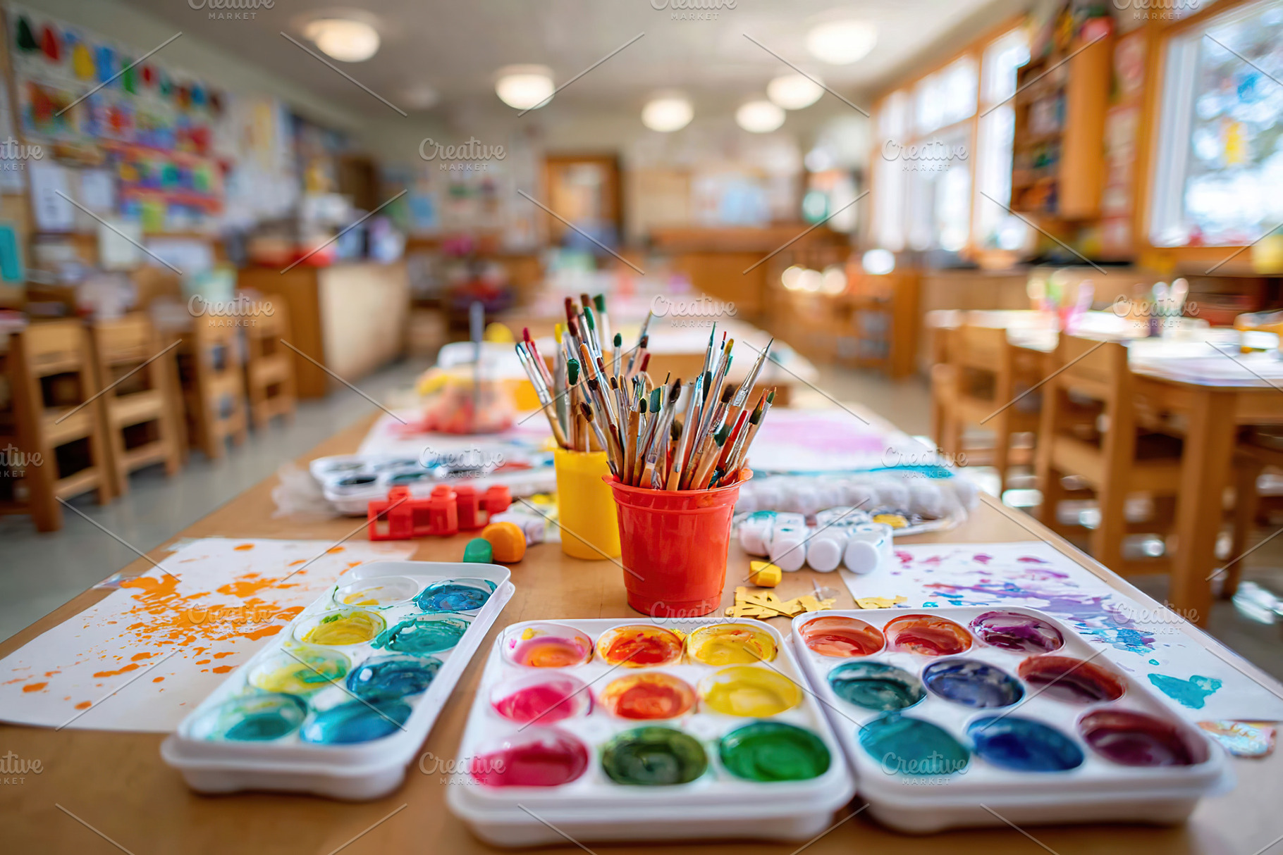 Art supplies and creative activities in a colorful classroom setting filled wit, a Photo by AlyaAnd