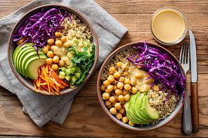 Colorful vegan bowl featuring quinoa, avocado, and purple cabbage served on a w, a Food & Drink Photo by AlyaAnd