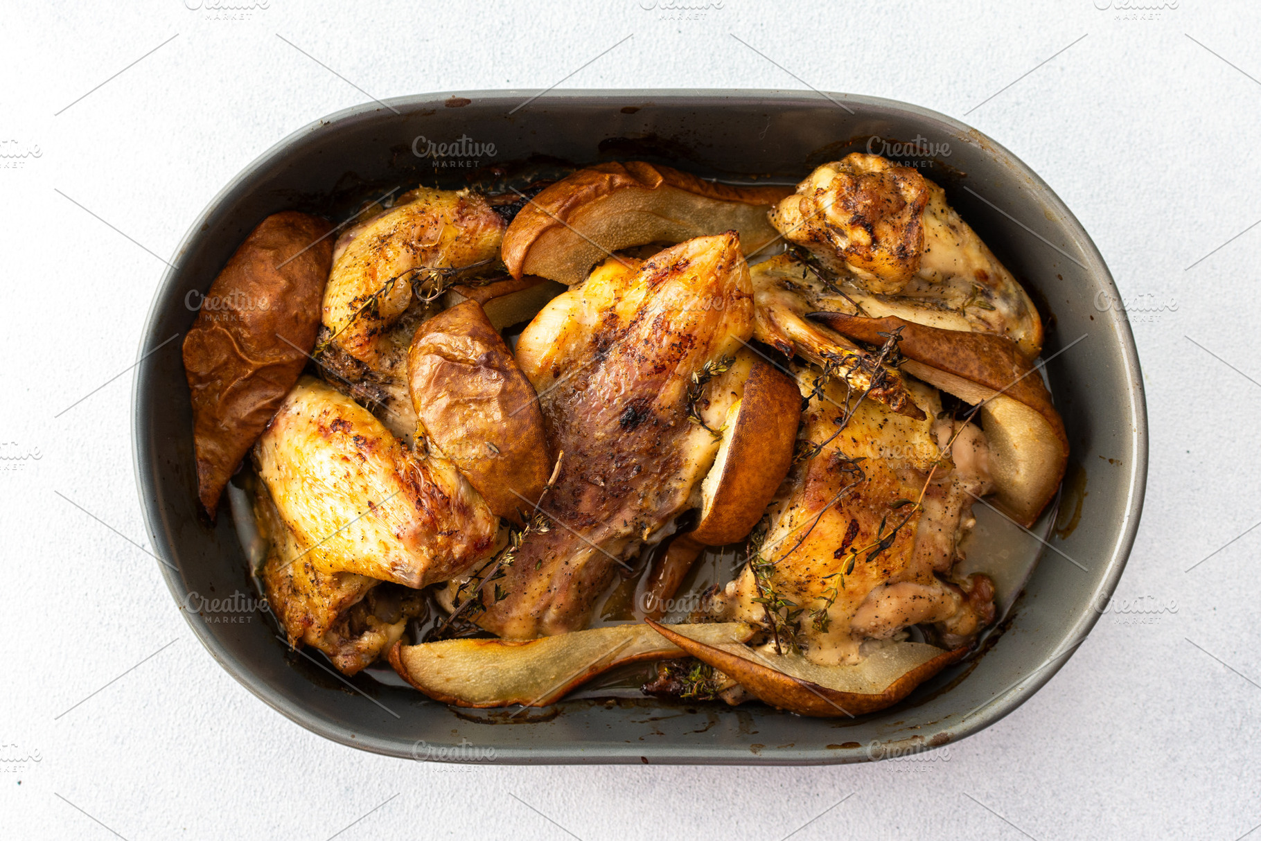 Baked chicken with pears, a Food & Drink Photo by Pandateam