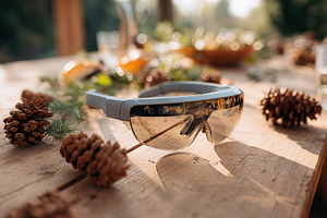 Glasses mockup displayed on a picnic table surrounded by natural elements, a Food & Drink Photo by AlyaAnd