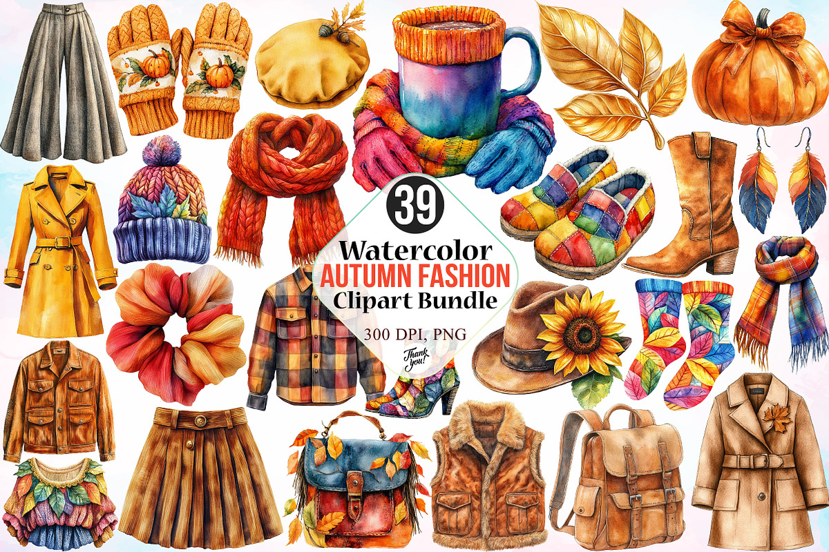 Watercolor Autumn Fashion Clipart, a Seasonal Illustration by Canvas Craft (Photo 1 of 3)