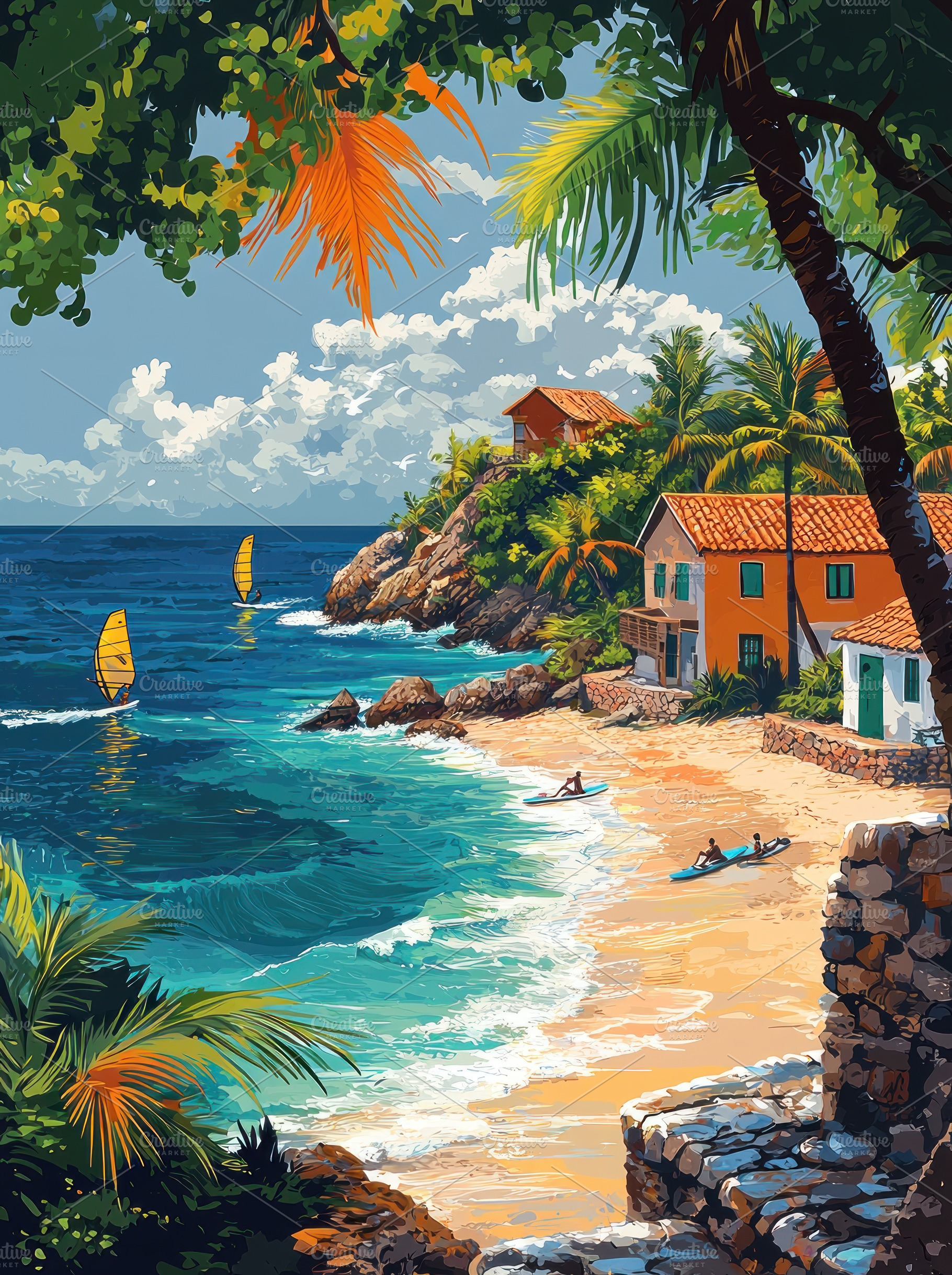 Tropical beach with colorful houses, palm trees, turquoise waves, a Person Photo by José Manuel Gelpi