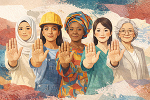 Women raising hands in unity, divers, a Photo by Dvoevnore photos