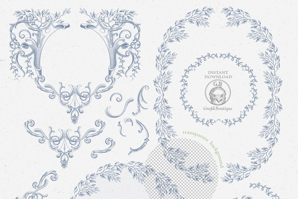 Baroque frames wedding clip art blue, a Decorative Illustration by GrafikBoutique (Photo 3 of 11)