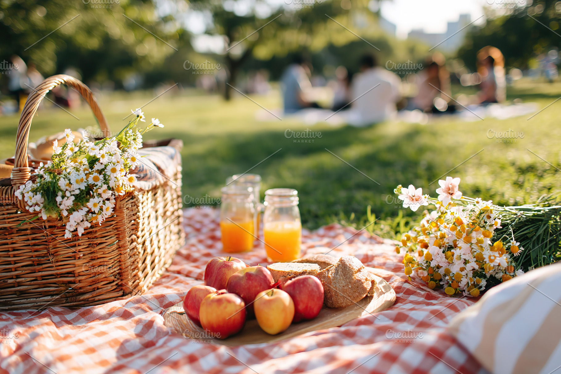 Picnic in a sunny city park with fruits, flowers, and cheerful gatherings on a, a Food & Drink Photo by AlyaAnd