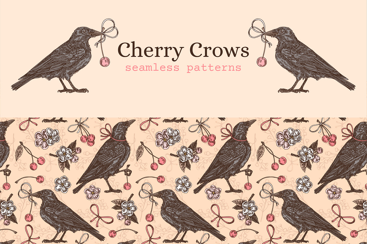 Cherry Crows. Seamless patterns, a Pattern Graphic by Kseniakrop (Photo 1 of 6)