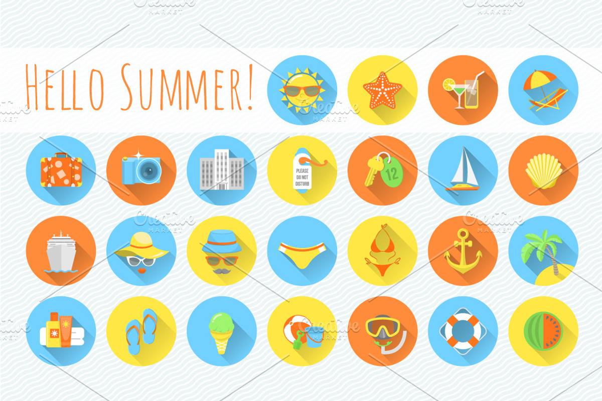 Flat Round Summer Beach Icons, an Icon by Vectorikart