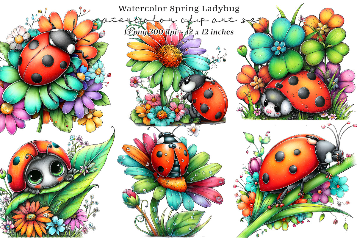 Watercolor Spring Ladybug Clipart, an Illustration by SinaCreation (Photo 1 of 8)