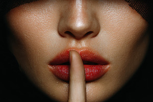 Mysterious Woman Red Lips Finger Sec, a Photo by Pixeness Studio