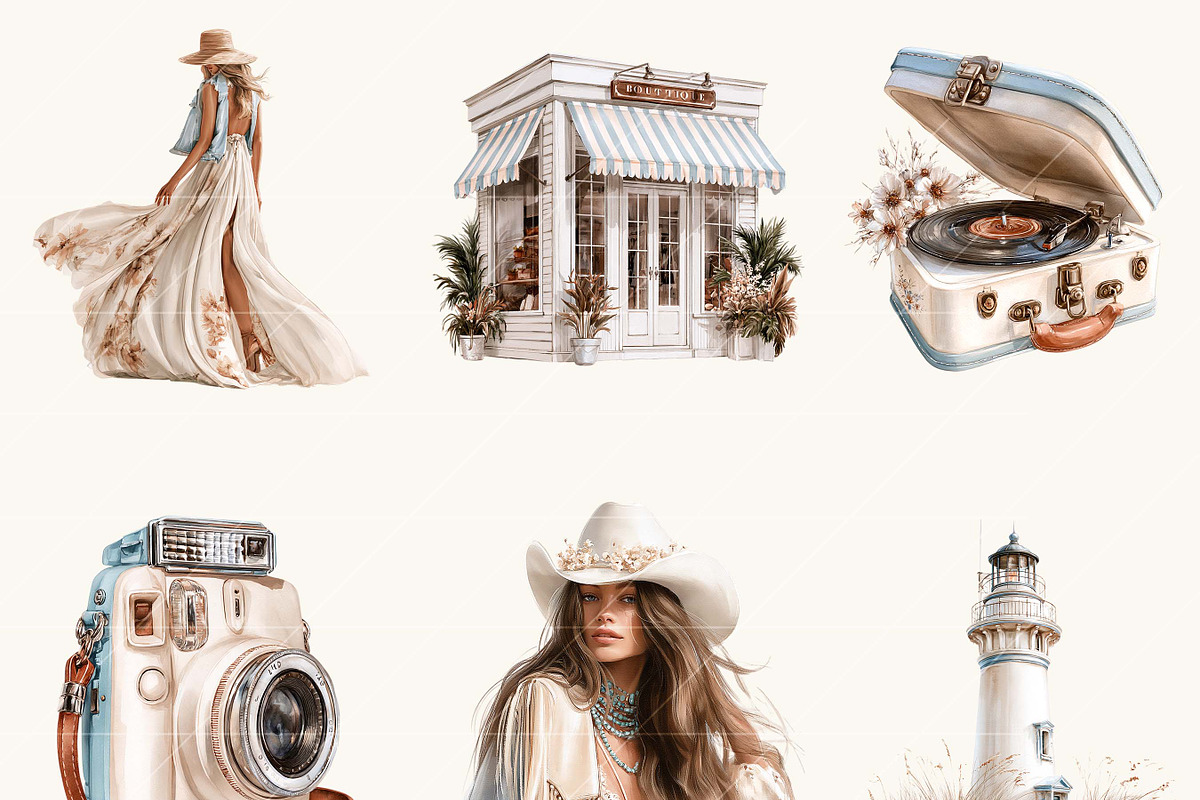 Watercolor Coastal Cowgirl Clipart, a Person Illustration by BusyDaydesign (Photo 2 of 9)