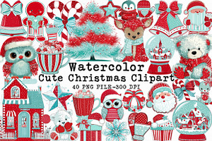 Cute Christmas Watercolor Clipart, an Illustration by Libby Wishes