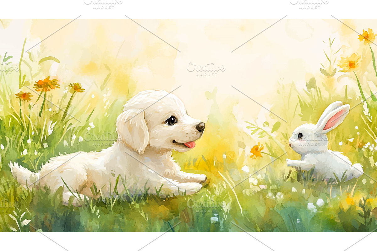 White Dog Playing With Bunny, an Animal Illustration by LadadikArt