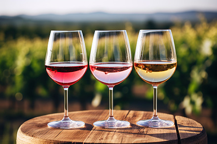 Glasses of red, white and pink wine on vineyard background, a Food & Drink Photo by AlyaAnd