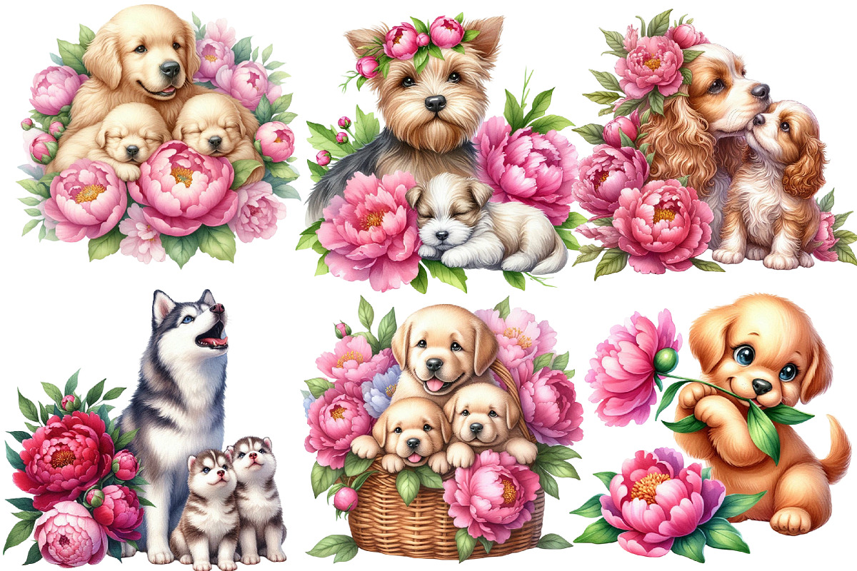 Dog Clipart, Dogs, Puppies, Piones, an Illustration by Designworld (Photo 3 of 6)