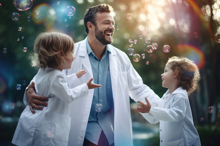 Happy paediatrician playing with kids, volunteer work