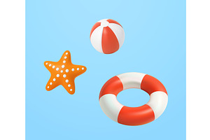 3d swimming ring ball and starfish., an Object Illustration by ModVector