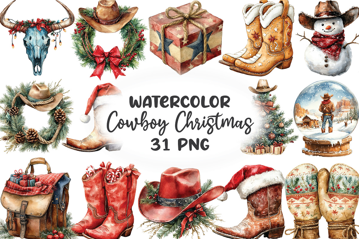 Western Cowboy Christmas Clipart, an Illustration by CraftArtStudio (Photo 1 of 6)