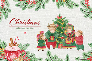 Cute cows. Watercolor Christmas set