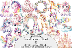 Watercolor Pastel Unicorn Clipart, a Seasonal Illustration by Design Market