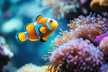 Clownfish in aquarium with blue water and corals, an Animal Photo by AlyaAnd