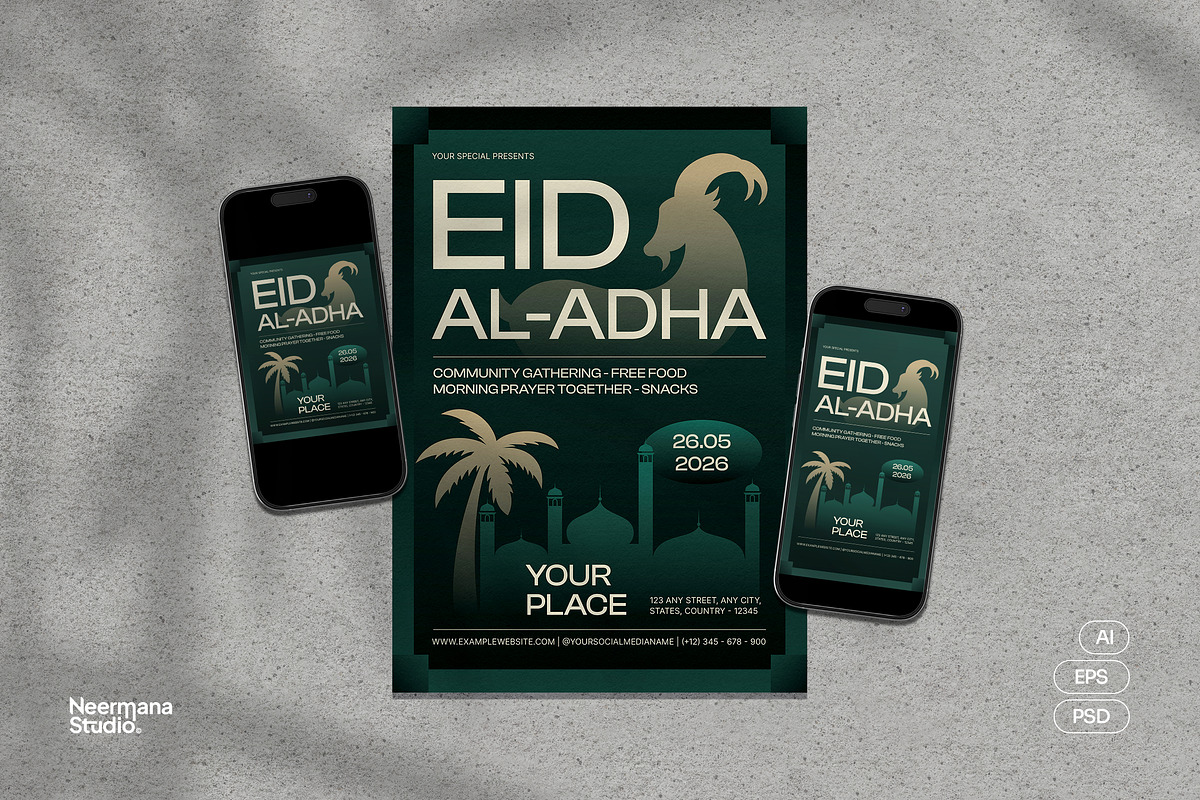 Green Modern Eid Al Adha Flyer, a Flyer Template by Neermana (Photo 1 of 4)