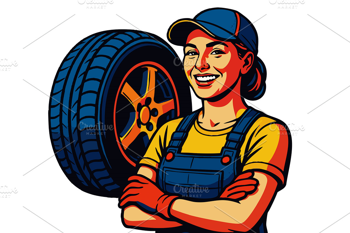 Tire Technician Auto Mechanic Car, an Illustration by AlexArt