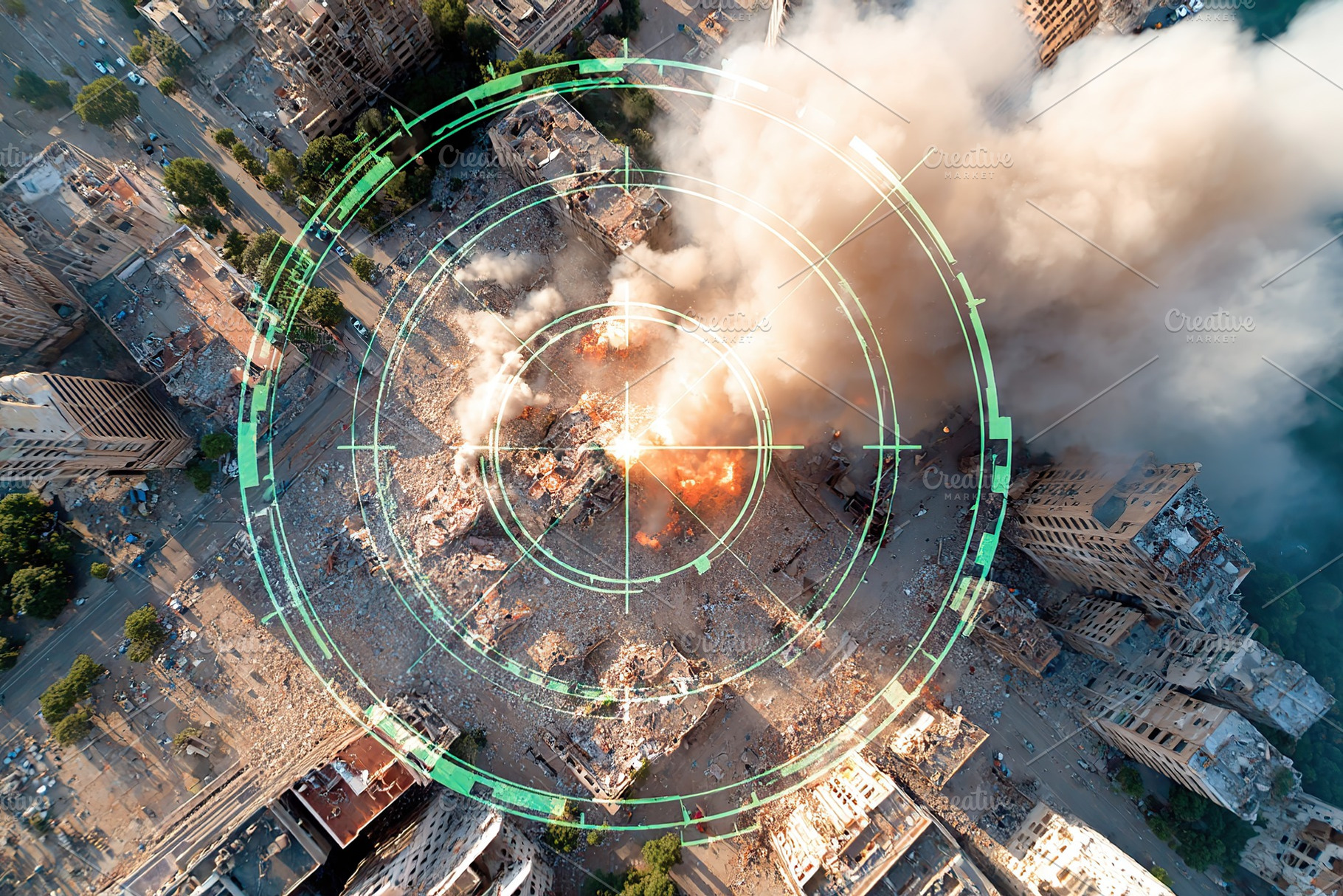Drone surveillance captures an evacuated urban area under threat from explosion, a Photo by AlyaAnd