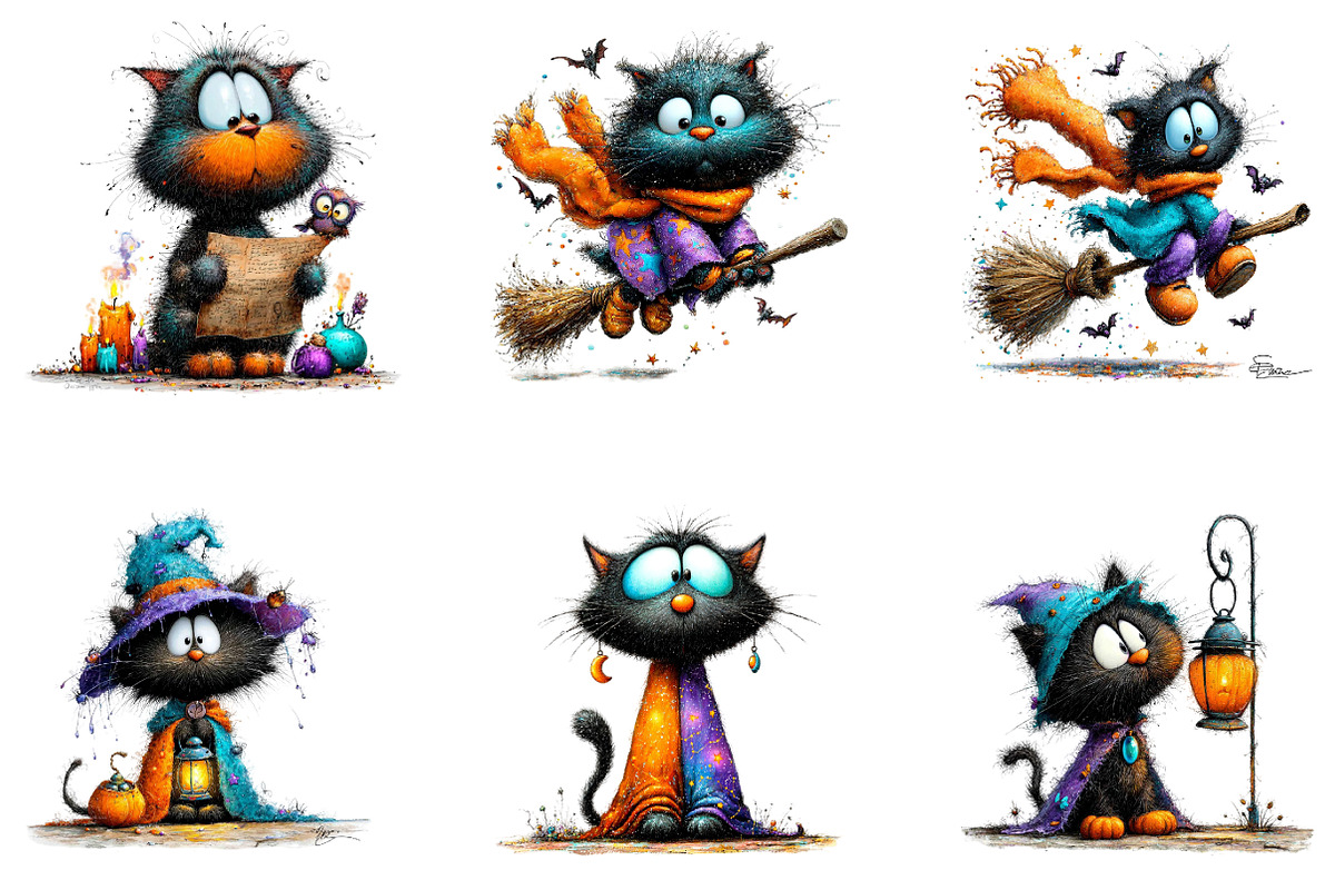 Witchy Black Cats Halloween Clipart, a Seasonal Illustration by CreationArt (Photo 5 of 7)