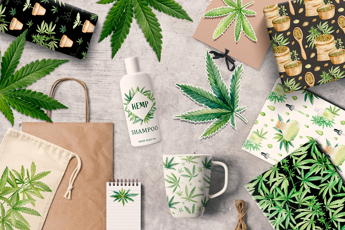 Cannabis watercolor set, an Illustration by svetodesign (Photo 8 of 8)
