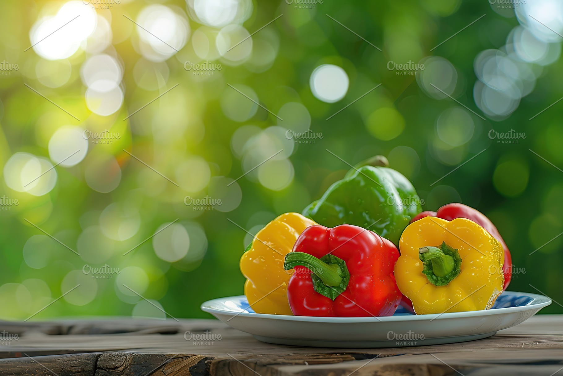 Ripe colorful peppers in plate on blurred green background, a Food & Drink Photo by AlyaAnd