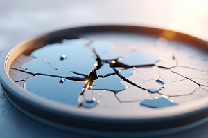 Cracked reflective surface in circular tray, an Abstract Photo by AlyaAnd