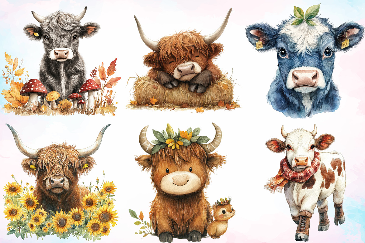 Autumn Highland Cow Clipart Bundle, a Seasonal Illustration by Canvas Craft (Photo 3 of 8)