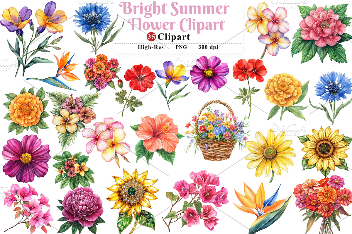 Bright Summer Flower Clipart, an Illustration by Watercolor design (Photo 1 of 11)