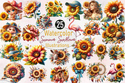 Watercolor Summer Sunflower Clipart, an Illustration by SVGArt (Thumbnail 1 of 8)