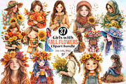 Girls with Fall Flowers Clipart PNG, a Seasonal Illustration by Canvas Craft (Thumbnail 1 of 7)