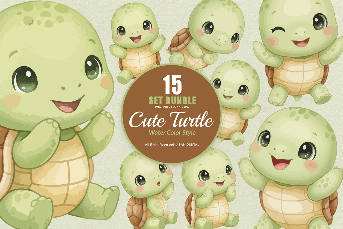 15 Bundle Watercolor Cute Turtle, an Animal Illustration by Morspective (Photo 1 of 8)