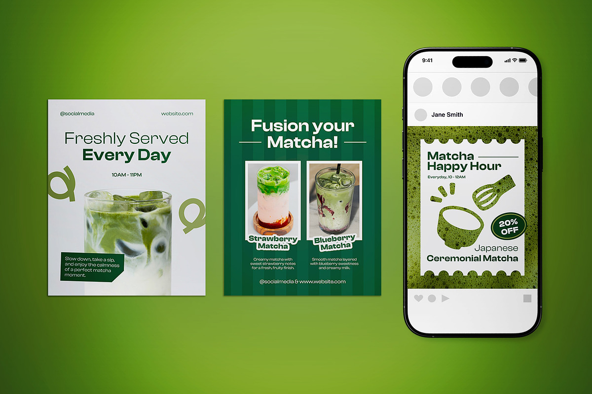 Matcha Shop Social Media Post Pack, a Flyer Template by The Good Store (Photo 2 of 4)