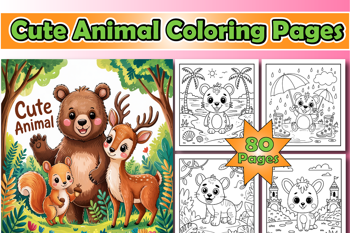 Cute Animal Coloring Pages For Kids, an Animal Illustration by Printable Design Store (Photo 1 of 4)
