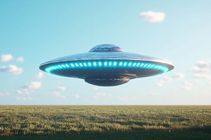 UFO flying over grassy field under c, a Photo by Dvoevnore photos