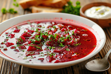 Bowl of beet root soup borsch on wooden table, a Food & Drink Photo by AlyaAnd