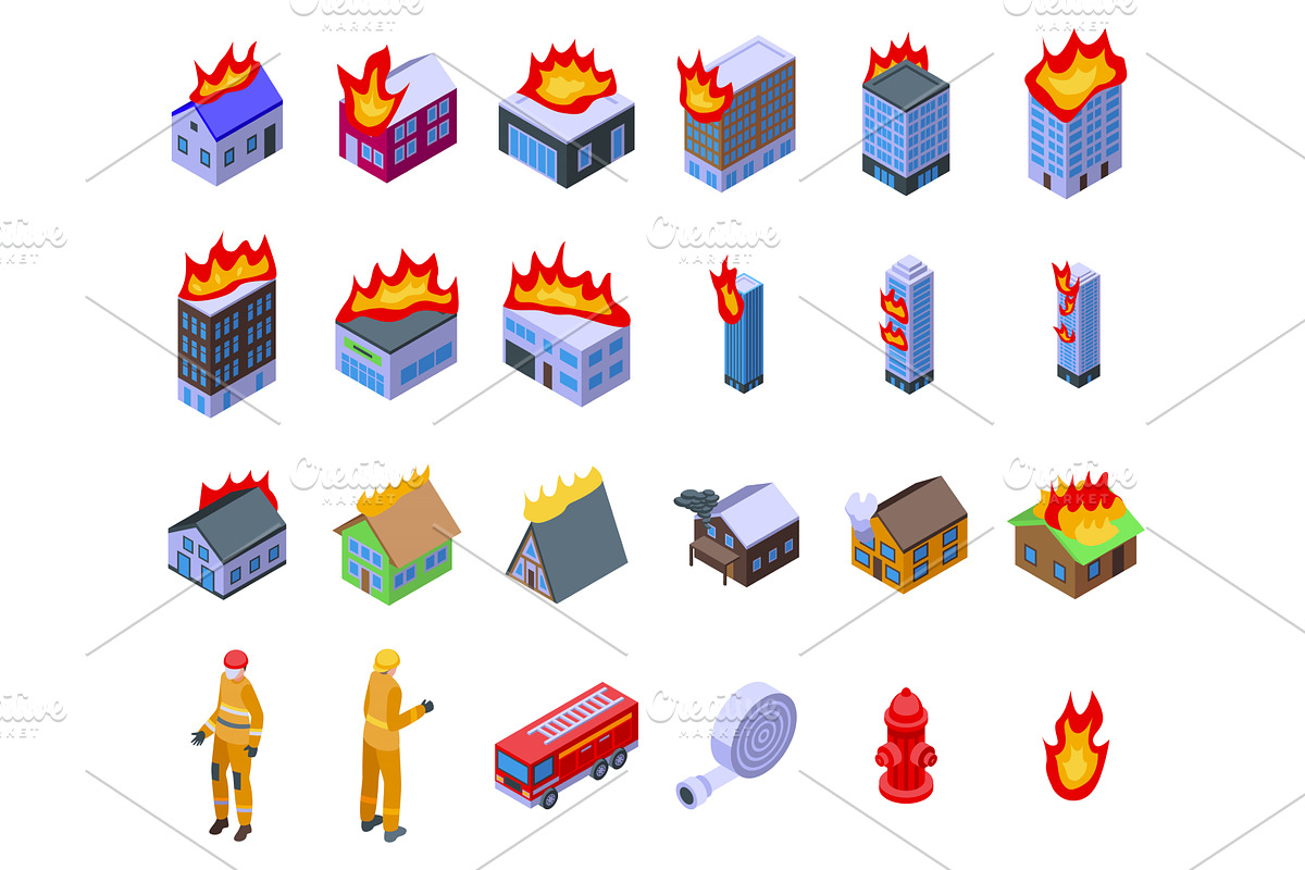 Burning building icons set isometric, an Object Illustration by Ylivdesign