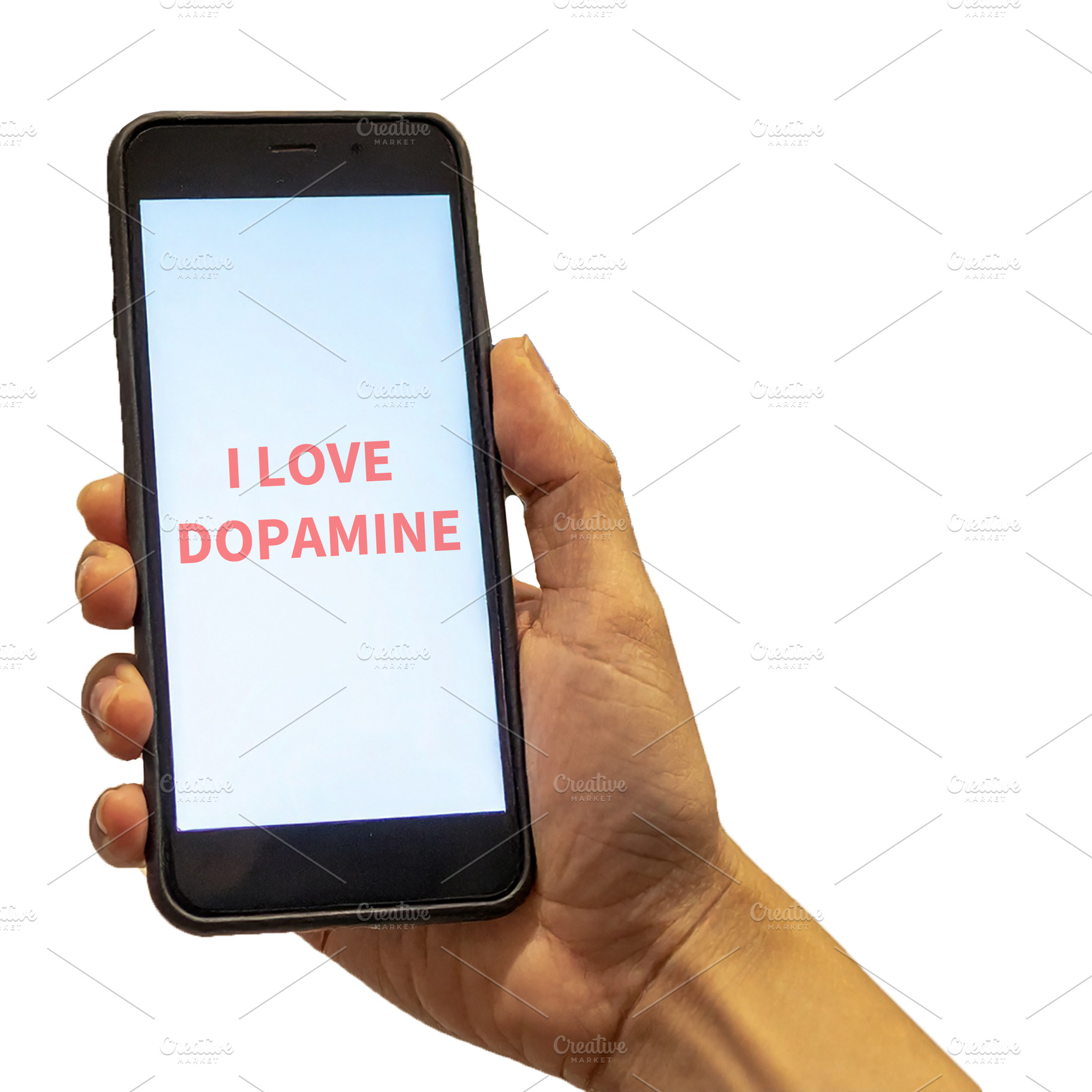 Hand holding smartphone with i love dopamine phrase, a Person Photo by DanFLCreativo