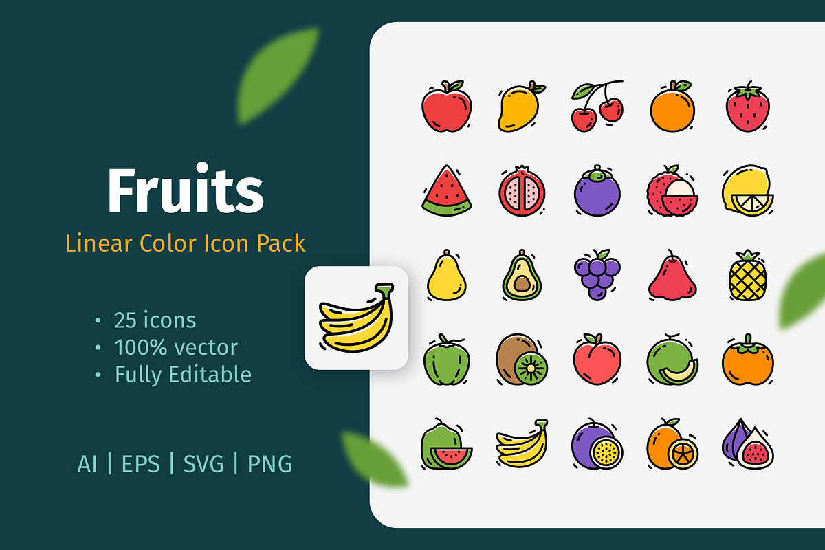 25 Fruits Linear Color Icon Pack, an Emoji Icon by Bilicube Studio (Photo 2 of 3)